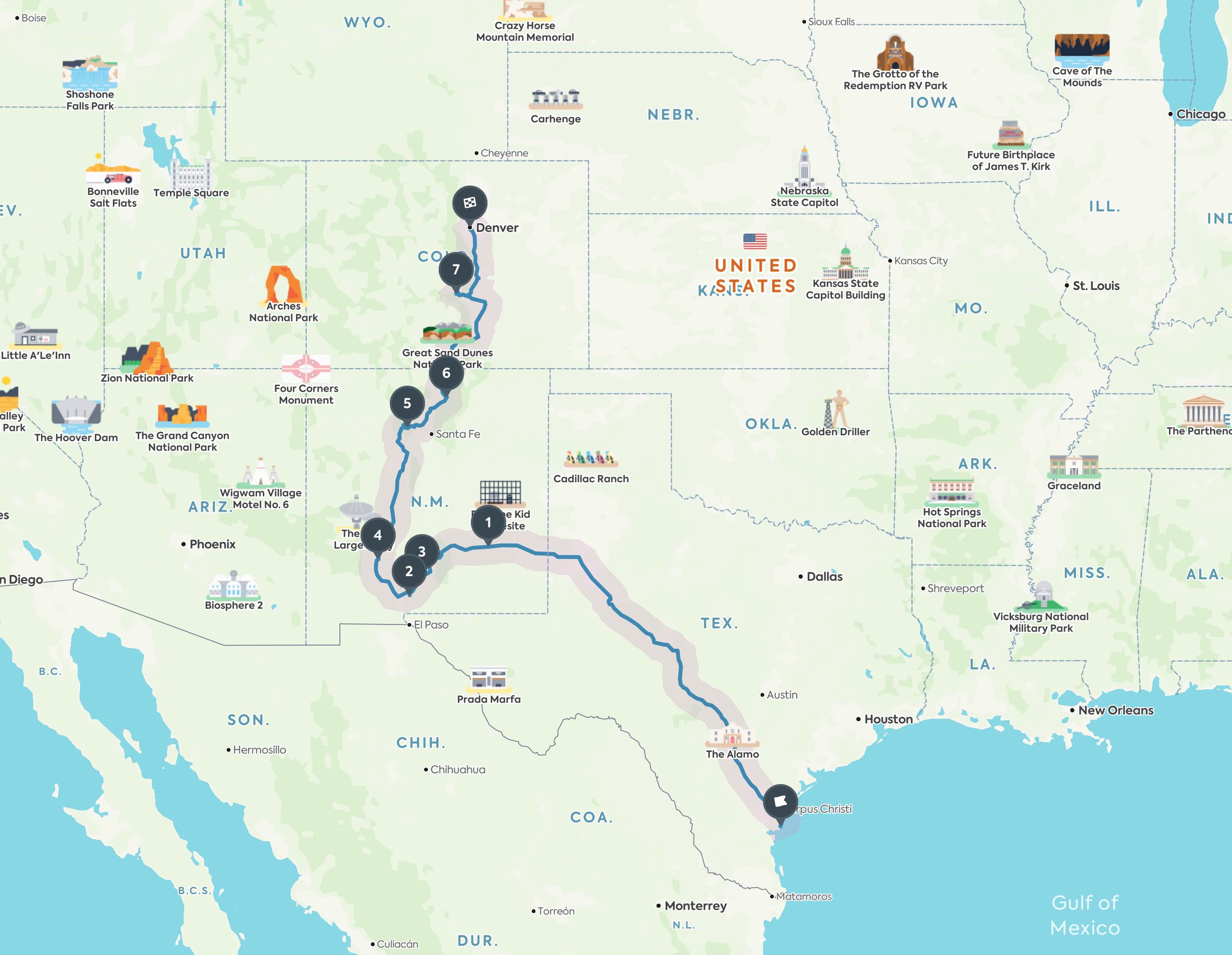 Map of the route we took from TX to CO.